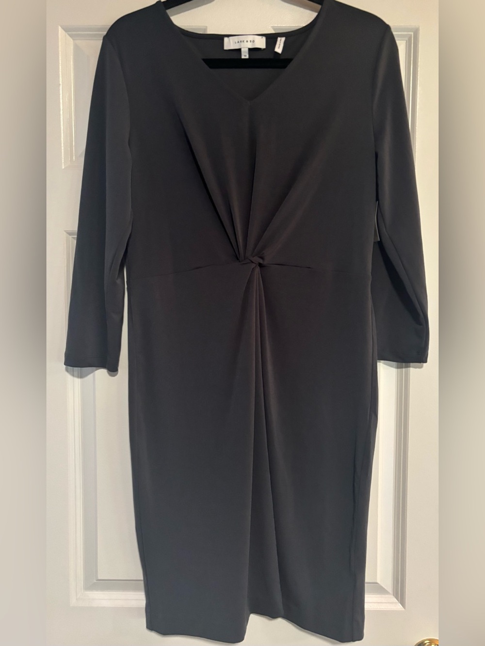 Lark & Ro Twist-Front V-Neck Charcoal Sheath Dress, size 10